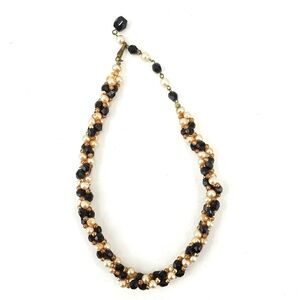 Vtg Choker Necklace Gold Black Beige Cluster Crochet Beaded Signed Japan 15”